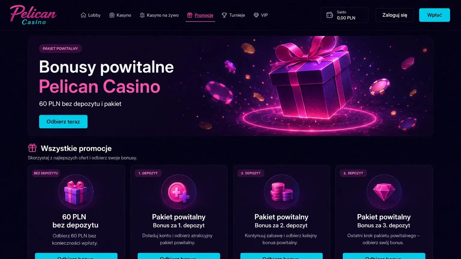 Pelican Casino bonus za rejestrację — 200% do 2000 PLN i 300 free spinów