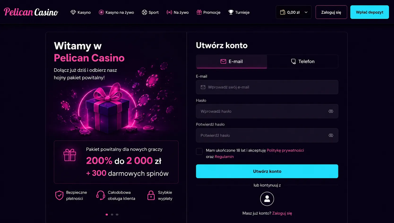 Pelican Casino rejestracja konta i logowanie w Polsce